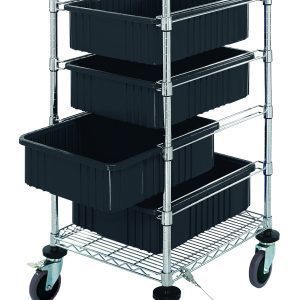 The Quantum Bin Cart is a mobile utility cart measuring 21W x 24L x 45H with a chrome-plated finish. It includes two wire shelves, four black bins sized 22-1/2L x 17-1/2W x 6H, and casters for easy maneuverability, featuring a conductive mesh top shelf and open sides for quick access.