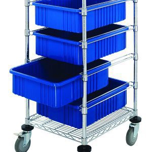 The Quantum Bin Cart is a mobile utility cart measuring 21W x 24L x 45H with two wire shelves, four blue bins (22.5L x 17.5W x 6H), and casters for easy movement, all supported by a sturdy chrome-plated frame.