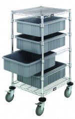 The Quantum Bin Cart, measuring 21W x 24L x 45H, includes two wire shelves and four gray bins (22-1/2L x 17-1/2W x 6H DG93060) on adjustable shelves. A set of casters and a chrome-plated finish ensure easy mobility and durability, perfect for organized storage in any space.