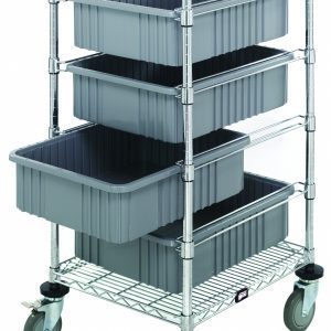 The Quantum Bin Cart, measuring 21W x 24L x 45H, includes two wire shelves and four gray bins (22-1/2L x 17-1/2W x 6H DG93060) on adjustable shelves. A set of casters and a chrome-plated finish ensure easy mobility and durability, perfect for organized storage in any space.