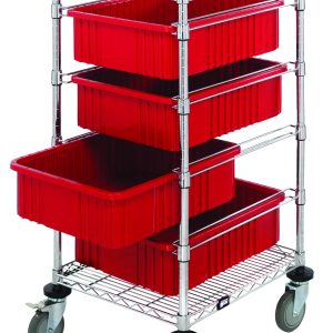 The Quantum Bin Cart features a chrome-plated frame with four red bins (22.5L x 17.5W x 6H) stacked on two wire shelves. Measuring 21W x 24L x 45H, it includes casters for easy mobility, and one bin is partially pulled out to highlight its convenient design.