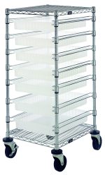 The Quantum Bin Cart is a mobile unit with chrome-plated wire shelves and includes seven 22-1/2L x 17-1/2W x 3H (DG93030) clear bins and a set of casters, measuring 21W x 24L x 45H.