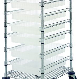 The Quantum Bin Cart is a mobile unit with chrome-plated wire shelves and includes seven 22-1/2L x 17-1/2W x 3H (DG93030) clear bins and a set of casters, measuring 21W x 24L x 45H.