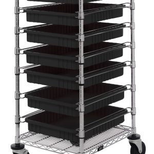 The Quantum Bin Cart features a sleek open wire design with a chrome-plated finish, two wire shelves, and seven black bins (22.5L x 17.5W x 3H). It measures 21W x 24L x 45H and rolls smoothly on casters with a handle for easy mobility, making it ideal for stylish and functional organization.
