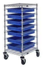 The Quantum Bin Cart has a chrome-plated finish, measures 21W x 24L x 45H, and includes two wire shelves and seven blue bins (22.5L x 17.5W x 3H). Its set of casters ensures easy mobility, making it perfect for efficiently organizing and transporting items.