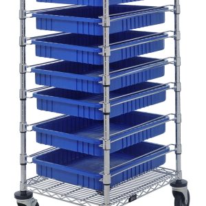 The Quantum Bin Cart has a chrome-plated finish, measures 21W x 24L x 45H, and includes two wire shelves and seven blue bins (22.5L x 17.5W x 3H). Its set of casters ensures easy mobility, making it perfect for efficiently organizing and transporting items.