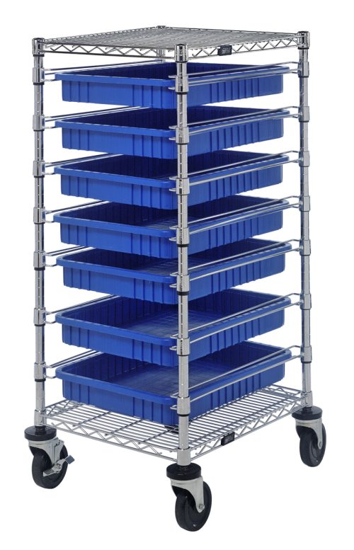 The Quantum Bin Cart has a chrome-plated finish, measures 21W x 24L x 45H, and includes two wire shelves and seven blue bins (22.5L x 17.5W x 3H). Its set of casters ensures easy mobility, making it perfect for efficiently organizing and transporting items.
