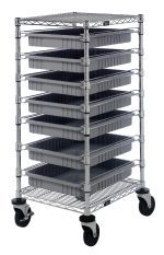 The Quantum Bin Cart, 21W x 24L x 45H, includes (2) wire shelves and (7) gray bins measuring 22-1/2L x 17-1/2W x 3H. It features a chrome-plated finish, four swivel casters for easy mobility, and an open-sided metal frame for organized storage.