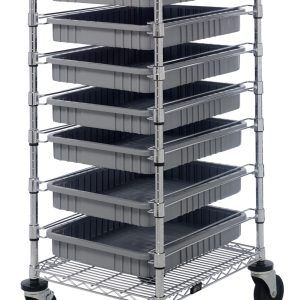 The Quantum Bin Cart, 21W x 24L x 45H, includes (2) wire shelves and (7) gray bins measuring 22-1/2L x 17-1/2W x 3H. It features a chrome-plated finish, four swivel casters for easy mobility, and an open-sided metal frame for organized storage.