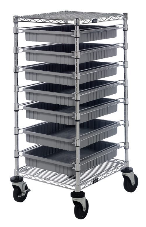 The Quantum Bin Cart, 21W x 24L x 45H, includes (2) wire shelves and (7) gray bins measuring 22-1/2L x 17-1/2W x 3H. It features a chrome-plated finish, four swivel casters for easy mobility, and an open-sided metal frame for organized storage.