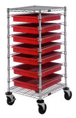 The Quantum Bin Cart is a mobile storage solution with a chrome-plated metal frame measuring 21W x 24L x 45H. It features two wire shelves and includes seven red bins (22-1/2L x 17-1/2W x 3H, DG93030) and caster wheels for easy mobility.