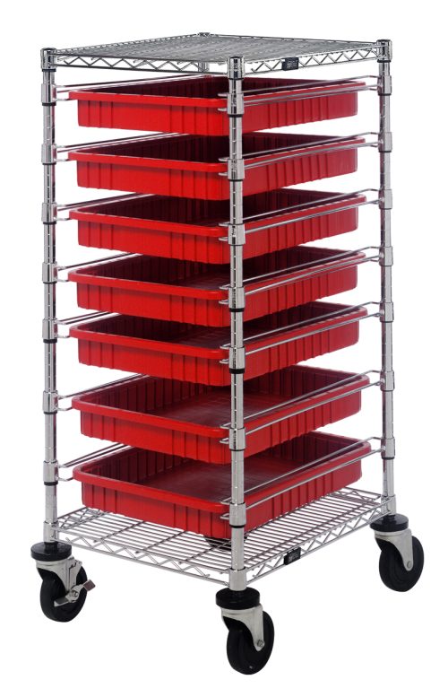 The Quantum Bin Cart is a mobile storage solution with a chrome-plated metal frame measuring 21W x 24L x 45H. It features two wire shelves and includes seven red bins (22-1/2L x 17-1/2W x 3H, DG93030) and caster wheels for easy mobility.