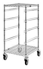 The Quantum Bin Cart is a mobile unit measuring 21W x 24L x 45H, featuring a chrome-plated finish with two wire shelves and four bin slides. It includes sturdy casters and silver corner posts for easy mobility, providing an open, grid-like design perfect for storage.