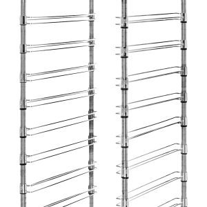 The Quantum Bin Cart, measuring 21W x 24L x 69H, features a chrome-plated finish, two wire shelves, eleven bin slides, and sturdy casters. This sleek and tall cart is mobile and ready for storage or transport in kitchen or warehouse settings.