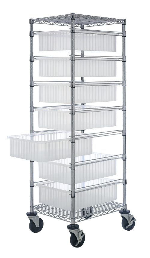 The Quantum Bin Cart, measuring 21W x 24L x 69H, features two wire shelves and seven clear bins (22-1/2L x 17-1/2W x 6H) with one partially pulled out. It smoothly rolls on swivel casters and has a chrome-plated finish, blending style and functionality seamlessly.