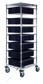 The Quantum Bin Cart features chrome plating, two wire shelves, and seven 22-1/2L x 17-1/2W x 6H black bins (DG93060) on swivel casters. The mobile unit measures 21W x 24L x 69H.