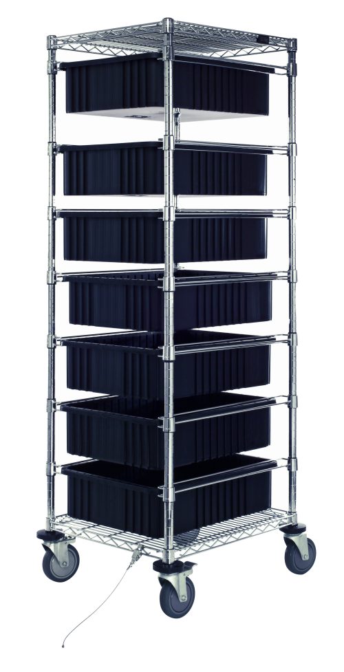 The Quantum Bin Cart features chrome plating, two wire shelves, and seven 22-1/2L x 17-1/2W x 6H black bins (DG93060) on swivel casters. The mobile unit measures 21W x 24L x 69H.