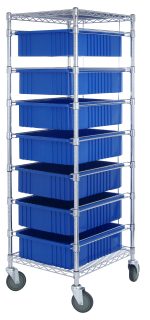 The Quantum Bin Cart is a mobile storage solution measuring 21W x 24L x 69H, featuring an industrial silver frame with a chrome-plated finish. It includes two wire shelves, seven large blue bins (22-1/2L x 17-1/2W x 6H), and casters for easy organization and transport.
