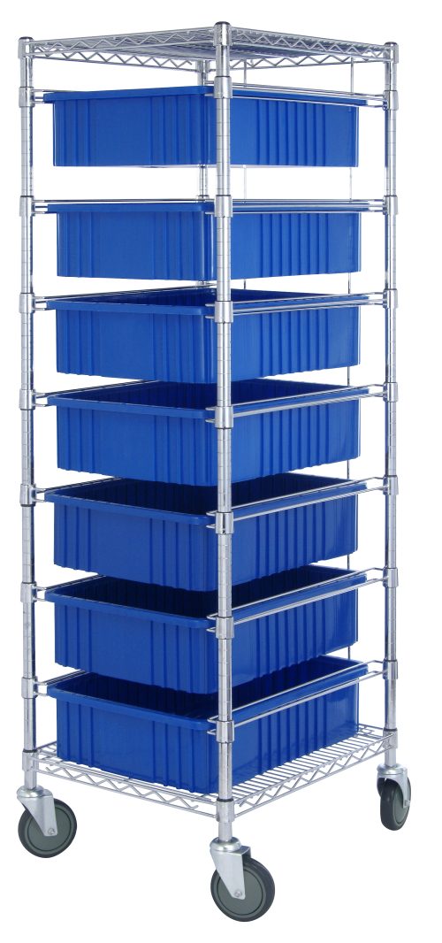 BC212469M1_BL.jpg The Quantum Bin Cart is a mobile storage solution measuring 21W x 24L x 69H, featuring an industrial silver frame with a chrome-plated finish. It includes two wire shelves, seven large blue bins (22-1/2L x 17-1/2W x 6H), and casters for easy organization and transport.