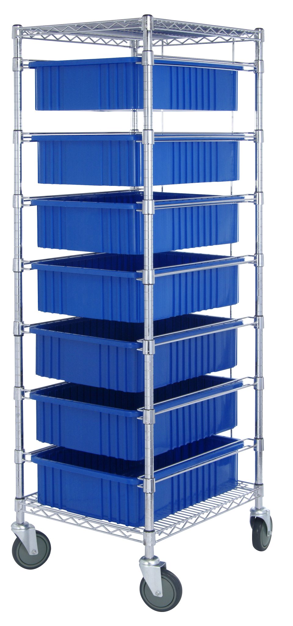 Chrome bin cart holding seven blue dividable grid containers on wire slides