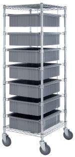 The Quantum Bin Cart, measuring 21W x 24L x 69H, includes two wire shelves with seven gray DG93060 bins (22-1/2L x 17-1/2W x 6H) and casters for easy organization and transportation.