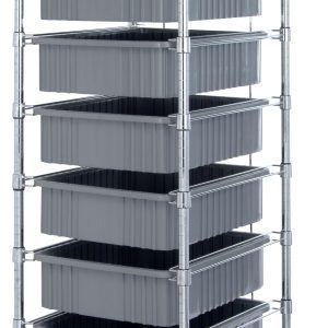 The Quantum Bin Cart, measuring 21W x 24L x 69H, includes two wire shelves with seven gray DG93060 bins (22-1/2L x 17-1/2W x 6H) and casters for easy organization and transportation.