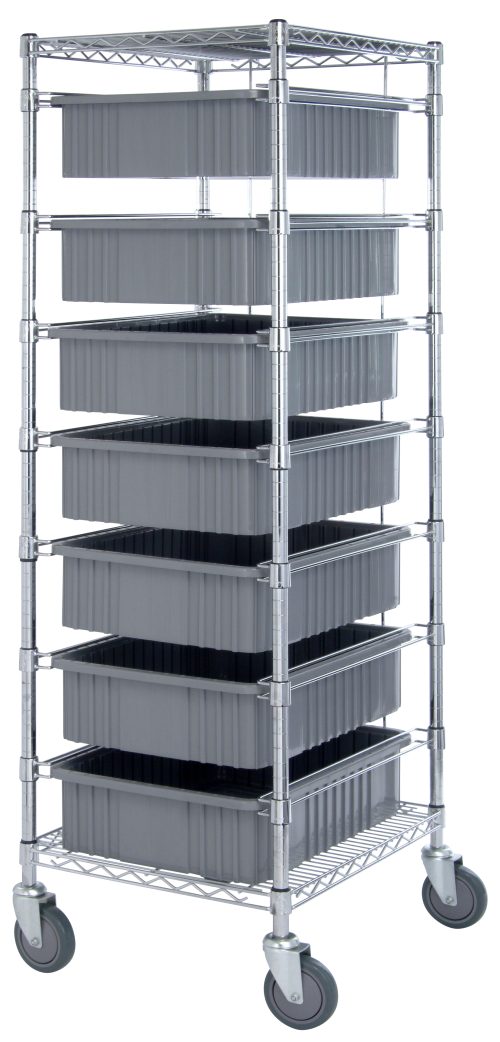 The Quantum Bin Cart, measuring 21W x 24L x 69H, includes two wire shelves with seven gray DG93060 bins (22-1/2L x 17-1/2W x 6H) and casters for easy organization and transportation.