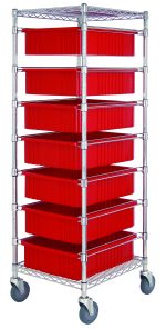 The Quantum Bin Cart is a mobile shelving unit with a chrome-plated finish, measuring 21W x 24L x 69H. It includes two wire shelves, seven red bins (22.5L x 17.5W x 6H), and a set of casters, making it ideal for efficient industrial space organization.