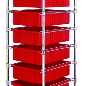 The Quantum Bin Cart is a mobile shelving unit with a chrome-plated finish, measuring 21W x 24L x 69H. It includes two wire shelves, seven red bins (22.5L x 17.5W x 6H), and a set of casters, making it ideal for efficient industrial space organization.