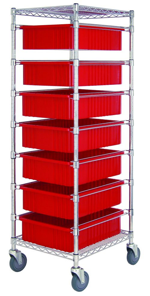 BC212469M1_RD.jpg The Quantum Bin Cart is a mobile shelving unit with a chrome-plated finish, measuring 21W x 24L x 69H. It includes two wire shelves, seven red bins (22.5L x 17.5W x 6H), and a set of casters, making it ideal for efficient industrial space organization.
