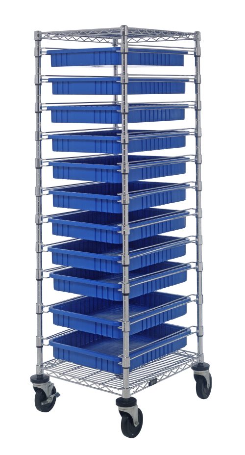 The Quantum Bin Cart is a mobile storage solution with a chrome-plated finish, featuring two wire shelves and 11 blue bins measuring 22.5L x 17.5W x 3H. Its dimensions are 21W x 24L x 69H, and it includes casters for easy transport.