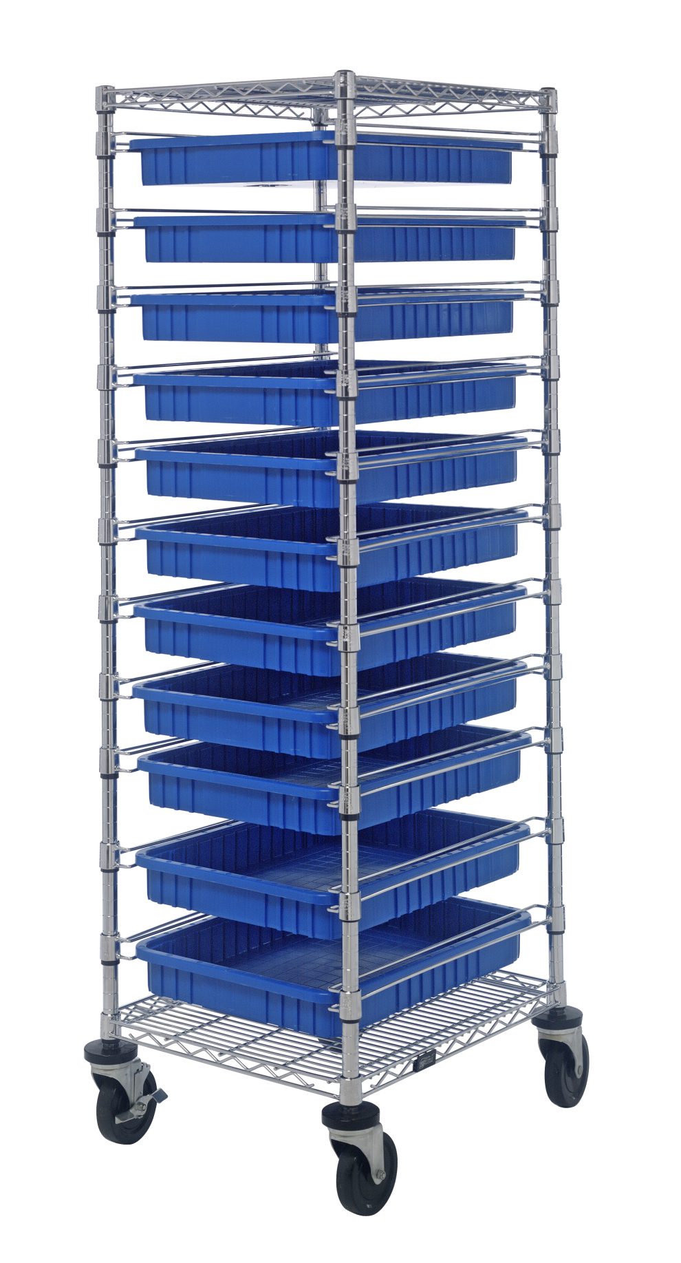 Chrome bin cart with eleven shallow blue dividable grid containers