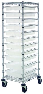 The Quantum Bin Cart is a tall, chrome-plated rolling cart measuring 21W x 24L x 69H. It includes two wire shelves, eleven clear bins (22-1/2L x 17-1/2W x 3H), and a set of casters for smooth mobility.