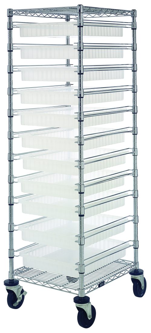 The Quantum Bin Cart is a tall, chrome-plated rolling cart measuring 21W x 24L x 69H. It includes two wire shelves, eleven clear bins (22-1/2L x 17-1/2W x 3H), and a set of casters for smooth mobility.