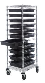 The Quantum Bin Cart is a 21W x 24L x 69H mobile storage solution with a chrome-plated finish. It features two wire shelves and eleven black bins (22-1/2L x 17-1/2W x 3H) on wheels, ensuring easy access and smooth transport—perfect for conductive environments.