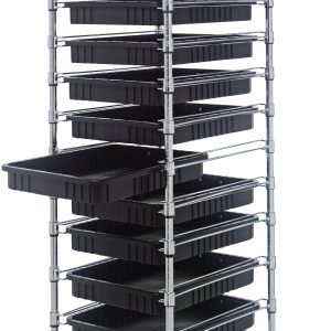 The Quantum Bin Cart is a 21W x 24L x 69H mobile storage solution with a chrome-plated finish. It features two wire shelves and eleven black bins (22-1/2L x 17-1/2W x 3H) on wheels, ensuring easy access and smooth transport—perfect for conductive environments.