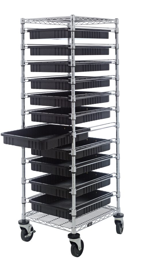 The Quantum Bin Cart is a 21W x 24L x 69H mobile storage solution with a chrome-plated finish. It features two wire shelves and eleven black bins (22-1/2L x 17-1/2W x 3H) on wheels, ensuring easy access and smooth transport—perfect for conductive environments.