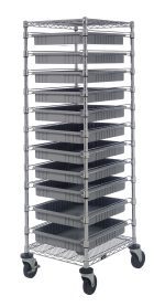 The Quantum Bin Cart, measuring 21W x 24L x 69H, features a sturdy design with two wire shelves. It includes eleven gray bins (22-1/2L x 17-1/2W x 3H) and a set of caster wheels for easy mobility, all in a chrome-plated finish for efficient organization.