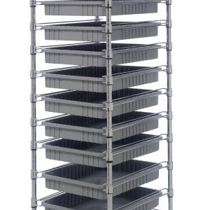 The Quantum Bin Cart, measuring 21W x 24L x 69H, features a sturdy design with two wire shelves. It includes eleven gray bins (22-1/2L x 17-1/2W x 3H) and a set of caster wheels for easy mobility, all in a chrome-plated finish for efficient organization.