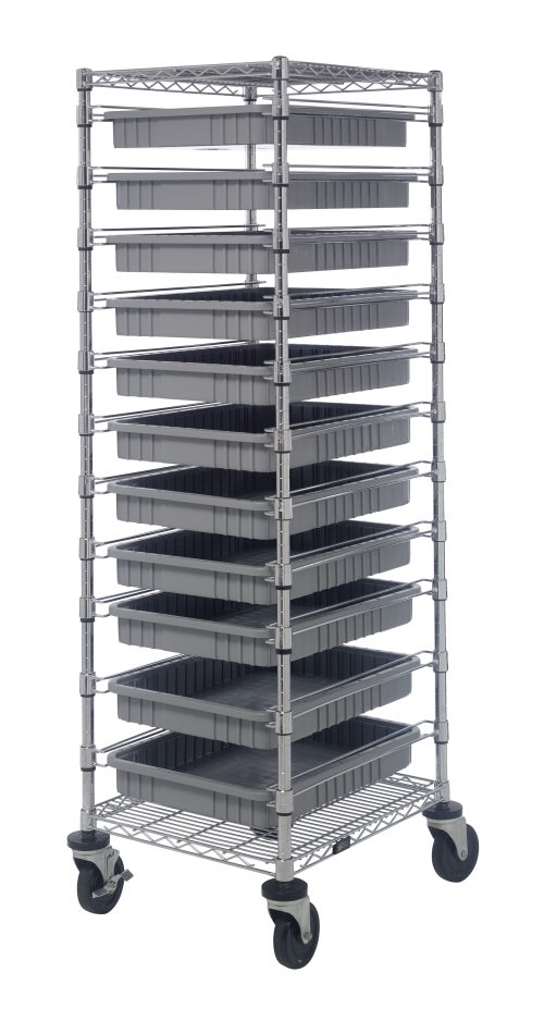 The Quantum Bin Cart, measuring 21W x 24L x 69H, features a sturdy design with two wire shelves. It includes eleven gray bins (22-1/2L x 17-1/2W x 3H) and a set of caster wheels for easy mobility, all in a chrome-plated finish for efficient organization.