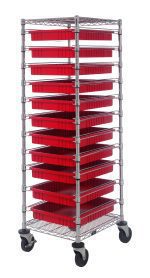 The Quantum Bin Cart, measuring 21W x 24L x 69H, includes two wire shelves and eleven red DG93030 bins (22-1/2L x 17-1/2W x 3H). Equipped with casters and a chrome-plated finish, it ensures easy movement and secure organization of the stacked bins.