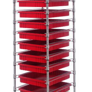The Quantum Bin Cart, measuring 21W x 24L x 69H, includes two wire shelves and eleven red DG93030 bins (22-1/2L x 17-1/2W x 3H). Equipped with casters and a chrome-plated finish, it ensures easy movement and secure organization of the stacked bins.