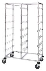The Quantum Bin Cart is a mobile, double bay unit measuring 24W x 40L x 69H, featuring slides for 14 bin levels. It has a chrome-plated finish and four swiveling wheels, perfect for holding baking trays or sheets.
