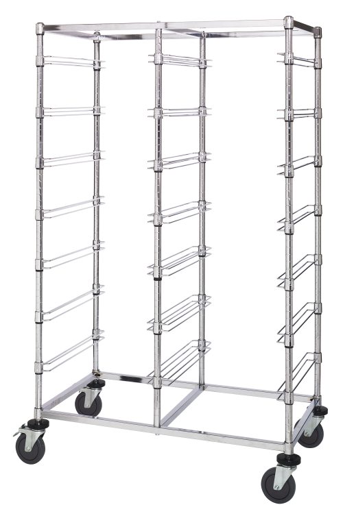 BC214869M1 DG93060 The Quantum Bin Cart is a mobile, double bay unit measuring 24W x 40L x 69H, featuring slides for 14 bin levels. It has a chrome-plated finish and four swiveling wheels, perfect for holding baking trays or sheets.