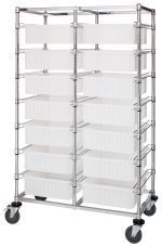 A tall, chrome Quantum Bin Cart on wheels, 24W x 40L x 69H, with a double bay structure holding fourteen clear bins (22-1/2L x 17-1/2W x 6H DG93060) ideal for organizing items. It is mobile and sturdy for efficient transport and storage. Comes shipped knocked down (KD).