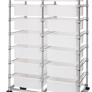 A tall, chrome Quantum Bin Cart on wheels, 24W x 40L x 69H, with a double bay structure holding fourteen clear bins (22-1/2L x 17-1/2W x 6H DG93060) ideal for organizing items. It is mobile and sturdy for efficient transport and storage. Comes shipped knocked down (KD).