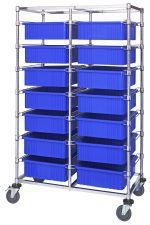 The Quantum Bin Cart boasts a chrome-plated finish and features two columns of 14 blue bins, each 22.5L x 17.5W x 6H. Measuring 24W x 40L x 69H, this mobile double bay cart is shipped KD and offers organized storage against a stark white backdrop.