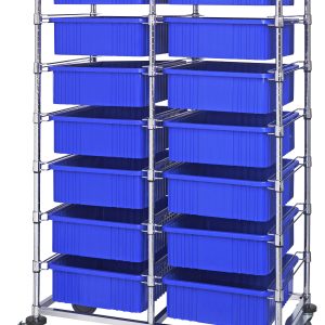 The Quantum Bin Cart boasts a chrome-plated finish and features two columns of 14 blue bins, each 22.5L x 17.5W x 6H. Measuring 24W x 40L x 69H, this mobile double bay cart is shipped KD and offers organized storage against a stark white backdrop.