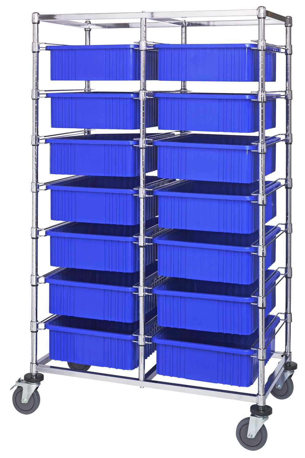 Double bay bin cart holding fourteen blue dividable grid containers
