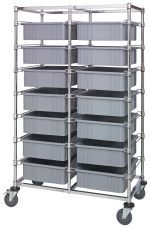 The Quantum Bin Cart is a utilitarian, mobile storage solution with a chrome-plated finish, featuring a double bay design and 14 gray bins (22-1/2L x 17-1/2W x 6H, DG93060) arranged in three columns on swivel wheels for easy movement. Dimensions: 24W x 40L x 69H.